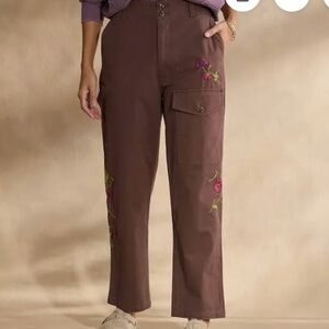 NEW Sundance Women’s Embroidered Cargo Pants 6 Dark Brown Boho Cotton Stretch